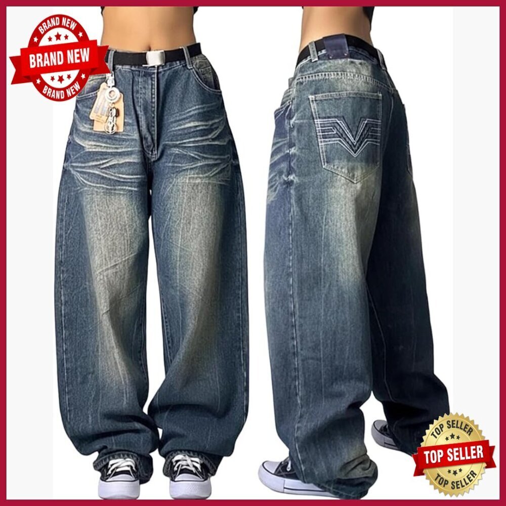 Wide Leg Denim Pants Mid Rise Loose Fit Boyfriend Jeans Streetwear